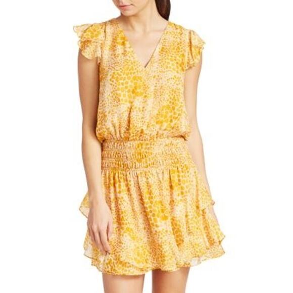 Ramy Brook S Ethereal mini dress vibrant leopard print ruffle Yellow Flutter - Picture 1 of 7